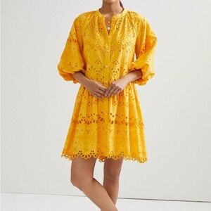 Anthropologie Tallulah Eyelet Dress Yellow Small Embroidered OB274803
